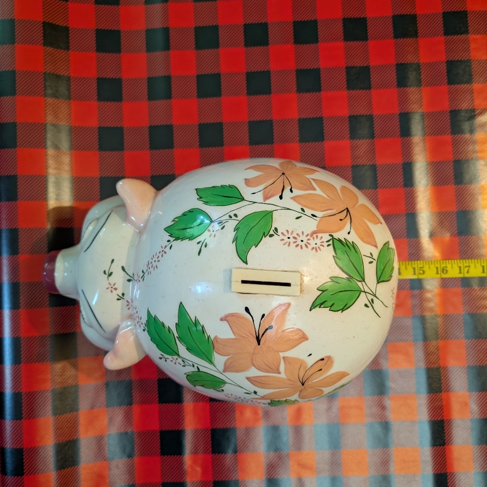 Vintage Pink Porcelain Floral Piggy Bank with Green and Orange Design